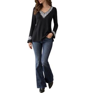 Reba Black Embroidered Beaded V-Neck Top Flare Sleeves Boho Western Tunic Large